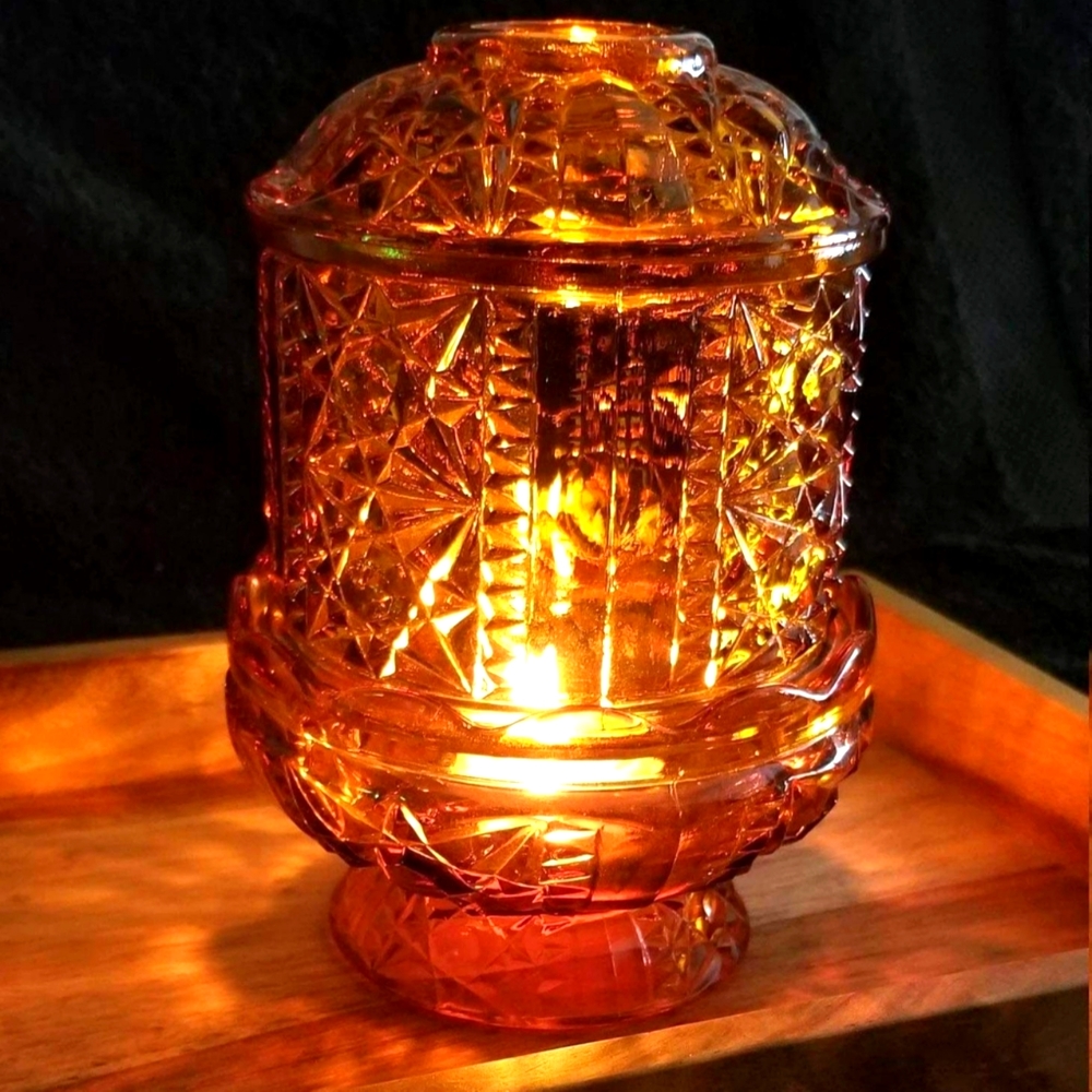 Vintage Large Amber Stars & Bars Fairy Lamp, Indiana Glass Tea Light Candle 7” - Picture 3 of 3